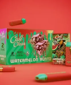 Cali Clear Watermelon Runtz 2g Disposable Vape featuring juicy watermelon candy flavor, dual chamber technology, smooth vapor production, long-lasting 2G capacity, and premium Cali Clear quality.